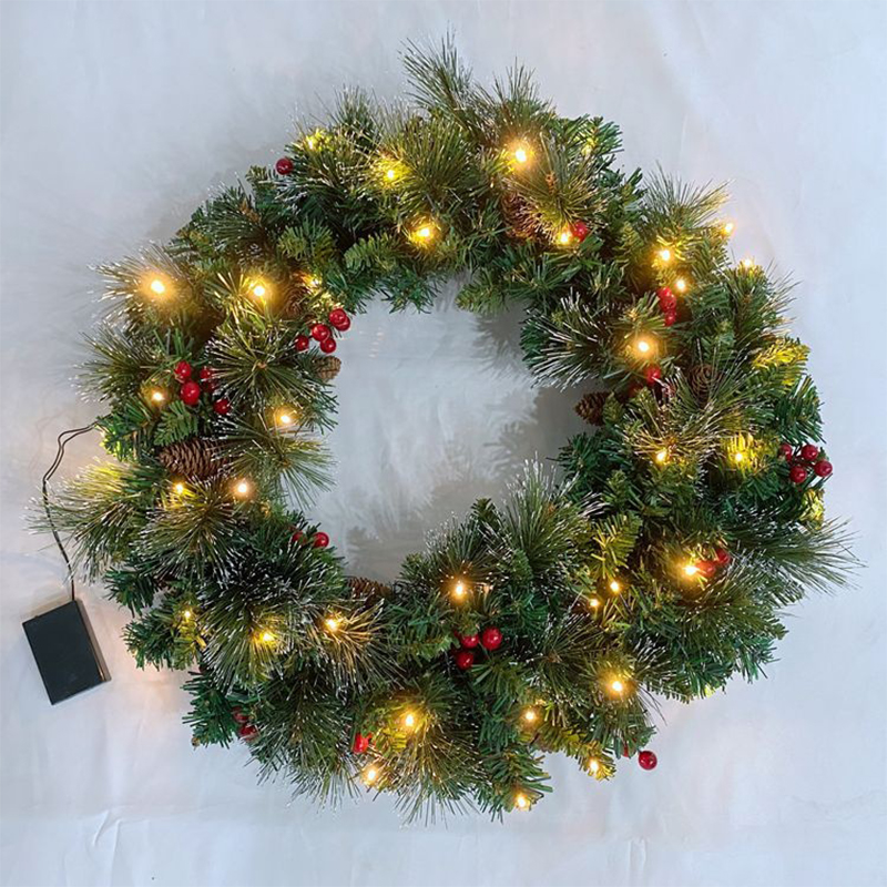 Hot sale 50cm Pine needle&PVC mixed decorated christmas wreath with lights