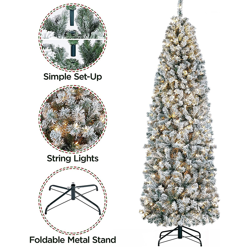 Union Tree Prelit Snow Flocked Artificial Pencil Christmas Tree with Incandescent Warm White LED Lights, Hinged Slim Skinny Corner Xmas Tree with Foldable Stand