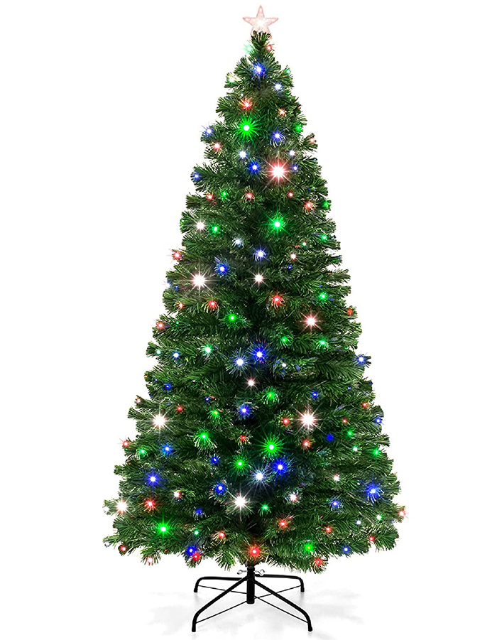 Uniontree 7-Foot Pre-Lit Fiber Optic Artificial Christmas Pine Tree with 280 UL-Certified 4-Color LED Lights, 8 Sequences, Foldable Stand, Green