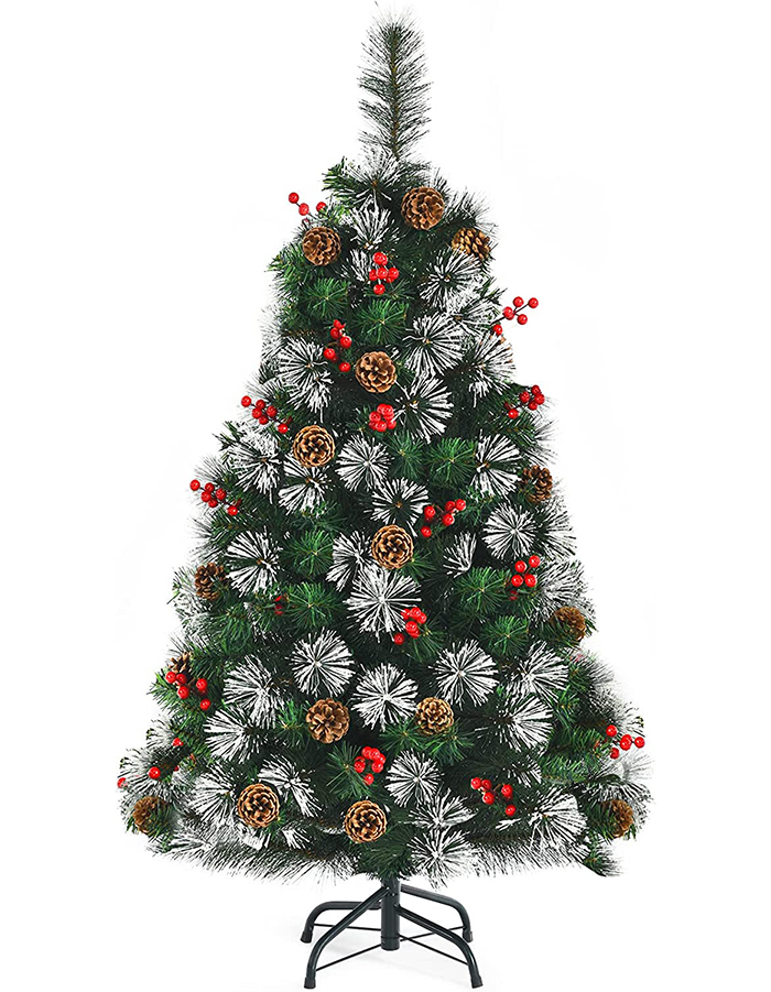 Uniontree 4FT Pre-Decorated Realistic Xmas Tree, Snowy Realistic Christmas Tree W/ 160 PVC Tips & Pine Needles, 20 Pine Cones, 20 Berry Cluster, Metal Stand, Luxuriant Pine Tree for Home, Office, School