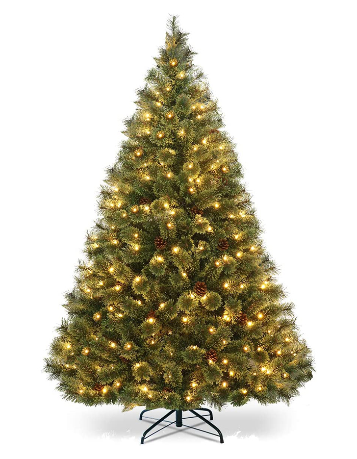 Uniontree 6ft Pre-lit Artificial Christmas Tree, Hinged Christmas Tree with Metal Stand and Pine Cones, Perfect Christmas Decoration for Indoor and Outdoor