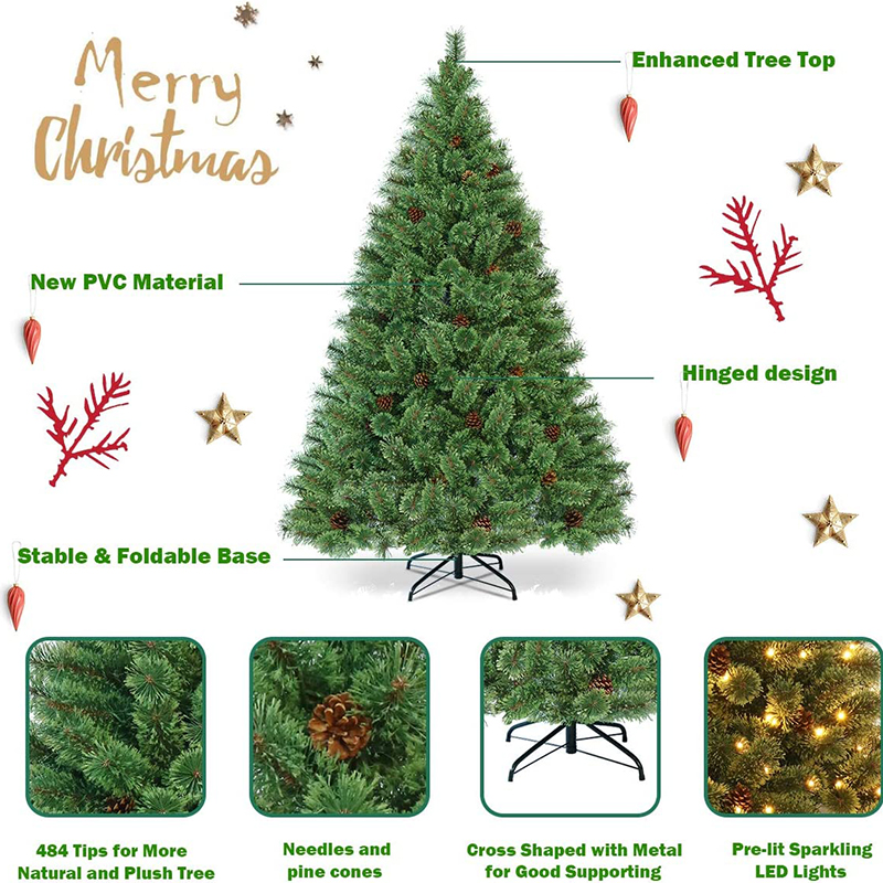 Uniontree 6ft Pre-lit Artificial Christmas Tree, Hinged Christmas Tree with Metal Stand and Pine Cones, Perfect Christmas Decoration for Indoor and Outdoor