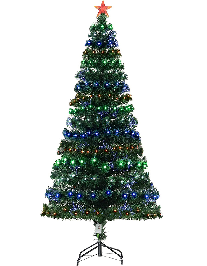 Uniontree 6FT Artificial Christmas Tree, Prelit Xmas Tree w/ Fiber Optic, LED Lights, Metal Stand for Home, Holiday Decoration, Green