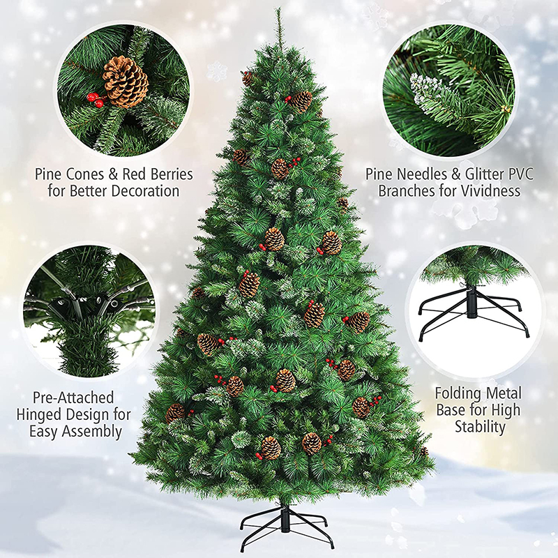 Uniontree 8ft Artificial Christmas Tree, Life-Like Xmas Tree w/ Pine Cones, Red Berries & Glittery Tips, Premium Hinged Pine Tree w/ 1750 Tips, 100% New PVC Material, Folding Metal Base, Easy Assembly