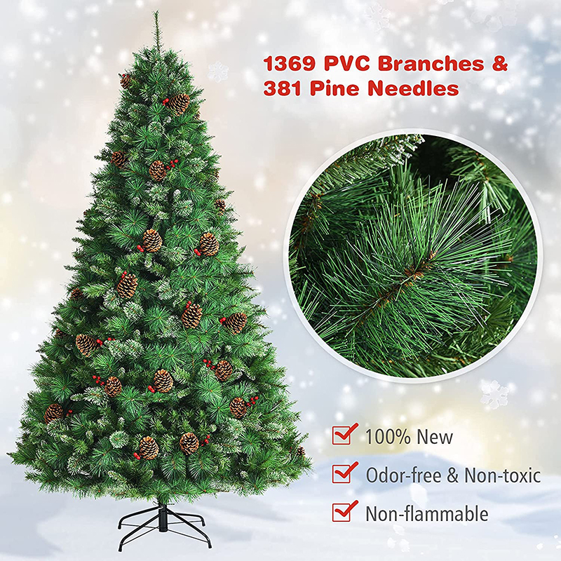 Uniontree 8ft Artificial Christmas Tree, Life-Like Xmas Tree w/ Pine Cones, Red Berries & Glittery Tips, Premium Hinged Pine Tree w/ 1750 Tips, 100% New PVC Material, Folding Metal Base, Easy Assembly