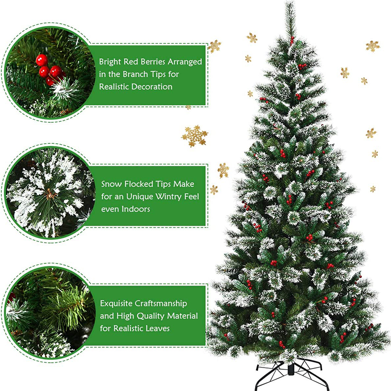 Uniontree 8 ft Unlit Snow Flocked Artificial Christmas Tree, Premium Hinged Pine Christmas Tree w/ Red Berries, Foldable Metal Base, Fluffy Design, Simple Assembly, for Holiday Decoration