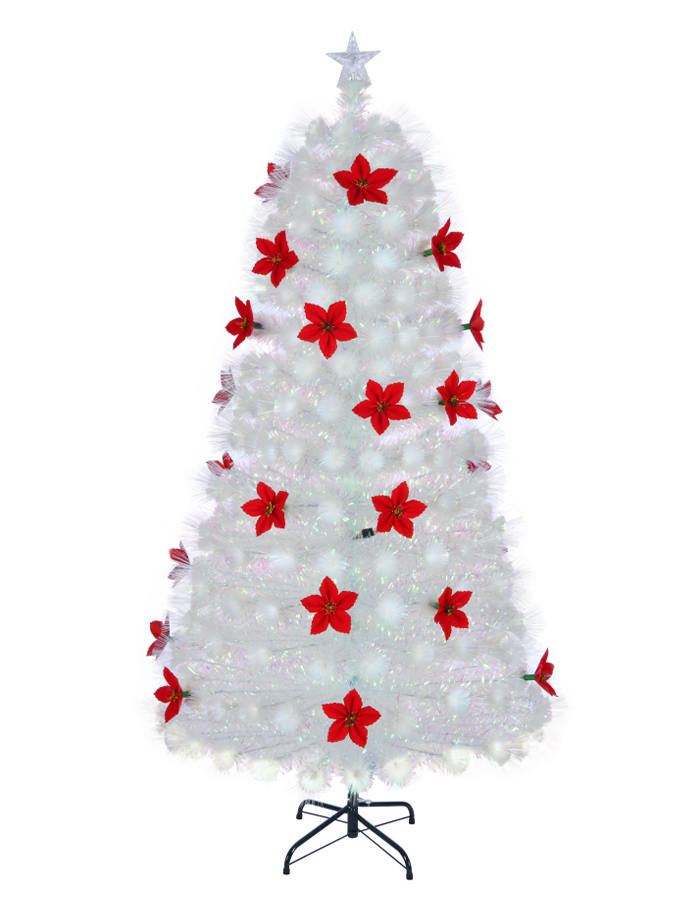 Union Tree Artificial White PVC Christmas Tree PreLit Fiber Optic Tree with Red Poinsettias &Top Star, Party Holiday Xmas Tree with Foladable Stand