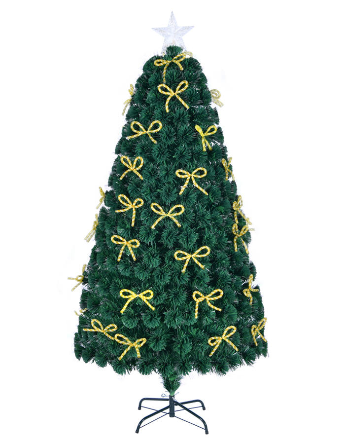 Union Tree Green Artificial PVC Christmas Tree PreLit Fiber Optic Tree with Yellow Copper Wire Bowknots & Top Star and Metal Stand, Xmas Tree for Holiday Decor