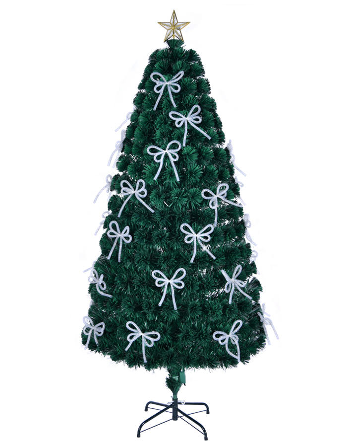 Union Tree 6ft Pre-lit Artificial Christmas Tree, Premium Optical Fiber Tree with White Copper Wire Bowknots & Top Star and Metal Stand, Ideal for Xmas Indoor Decor