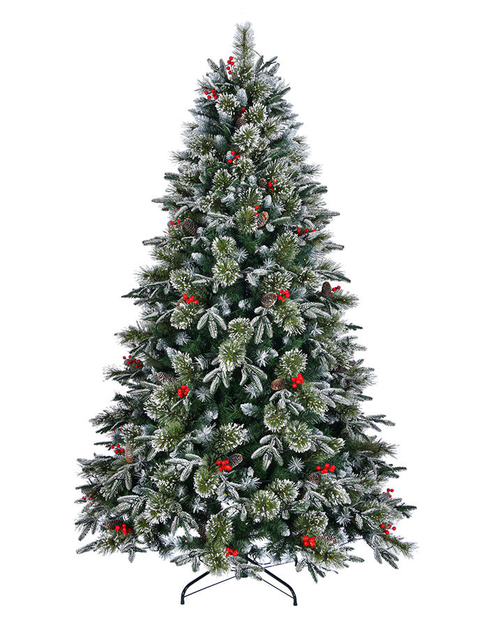 Union Tree 7.5ft Frosted Artificial Pre-lit PE & PVC Pine Needles Christmas Tree with Hinged Branches, Pinecones and Red Berries, Warm White LED Lights with Foldable Stand