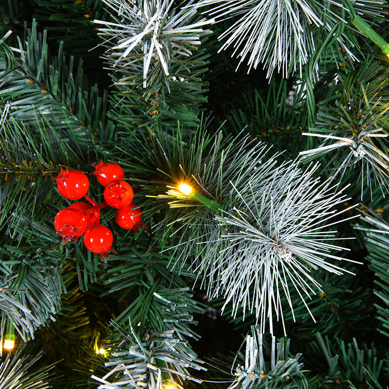 Union Tree Frosted Traditions Pre-lit Christmas Tree with Hinged Branches, Pinecones and Red Berries, Warm White LED Lights with Foldable Stand