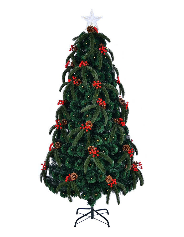 Union Tree 7ft Pre-lit Artificial PE Christmas Tree, Green Premium Optical Fiber Tree with Pine Cone & Red Berries & Top Star Decor, Ideal for Xmas Indoor Decor