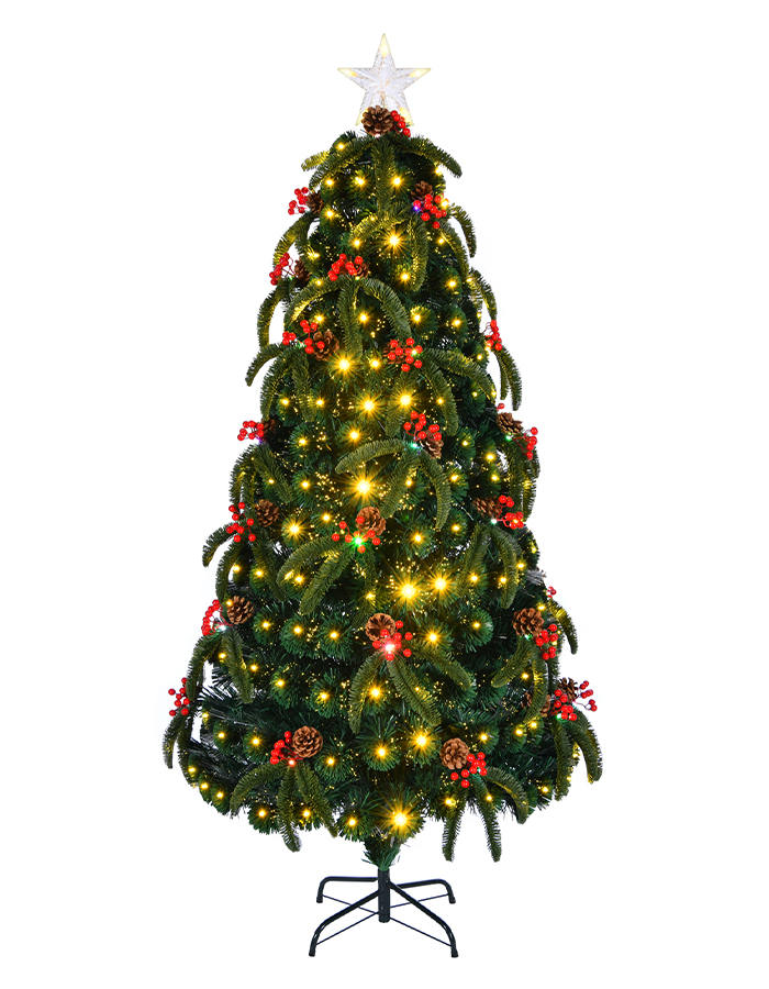 Union Tree 7ft Pre-lit Artificial PE Christmas Tree, Green Premium Optical Fiber Tree with Pine Cone & Red Berries & Top Star Decor, Ideal for Xmas Indoor Decor