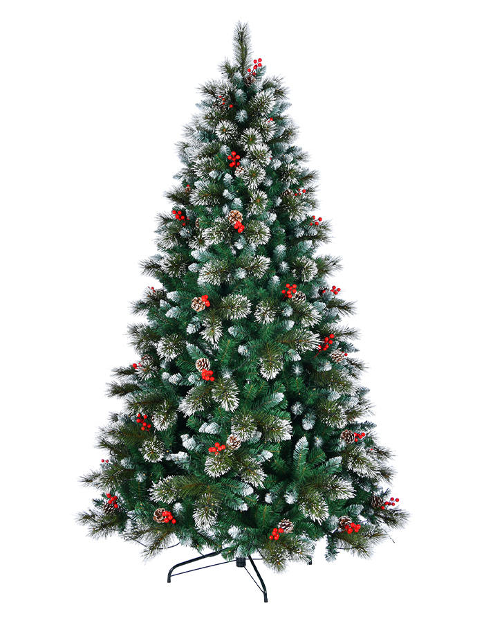 Union Tree Frosted Pre-lit PVC & Pine Needle Christmas Tree with Hinged Branches, Pinecones and Red Berries, Warm White LED Lights with Foldable Stand