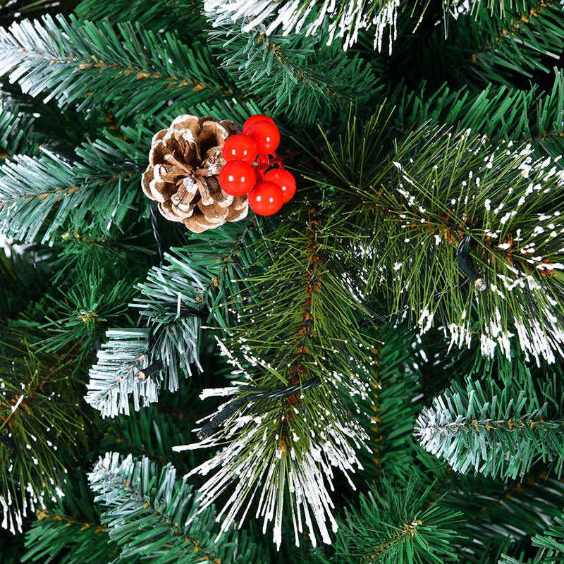 Union Tree Frosted Pre-lit PVC & Pine Needle Christmas Tree with Hinged Branches, Pinecones and Red Berries, Warm White LED Lights with Foldable Stand