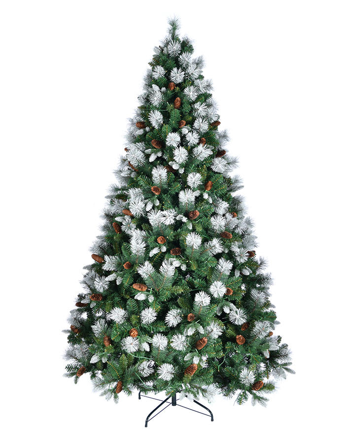 Union Tree 7.5ft Prelit Frosted Pre-lit PVC & Pine Needles & PE Christmas Tree with Hinged Branches, Pinecones Decoration, Warm White LED Lights with Foldable Stand