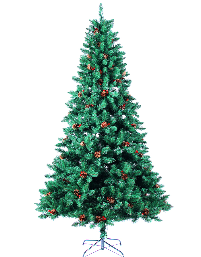 8ft pre-lit pvc hinged Christmas tree with red berries and pine cones Pointy automatic tree + red pine cones QL-13