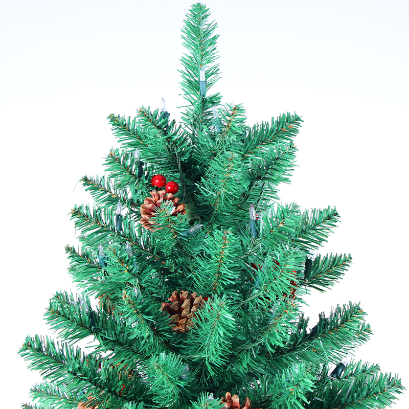 8ft pre-lit pvc hinged Christmas tree with red berries and pine cones Pointy automatic tree + red pine cones QL-13