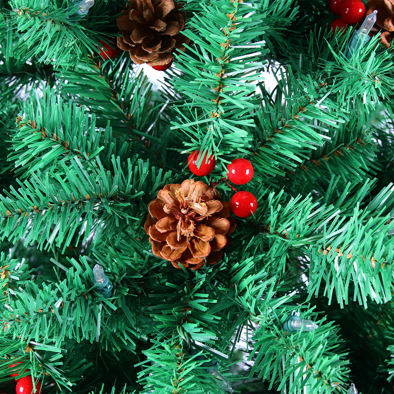 8ft pre-lit pvc hinged Christmas tree with red berries and pine cones Pointy automatic tree + red pine cones QL-13