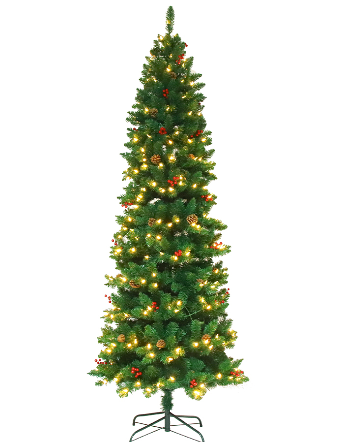 7.5ft pre-lit slim pointed pvc Christmas tree with red berries and pine cones QL-122